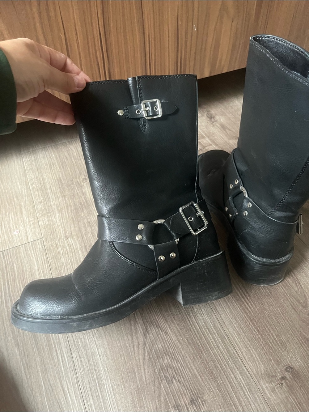 Vintage Black Leather Combat Moto Boots with Buckle Accents
